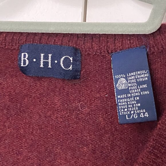 Vintage BHC Sweater Mens L Lambswool Red Vneck Prep Collegiate Heritage Academia - Picture 2 of 7